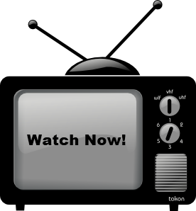 Cartoon style image of a Television Set with Watch Now displayed on the screen