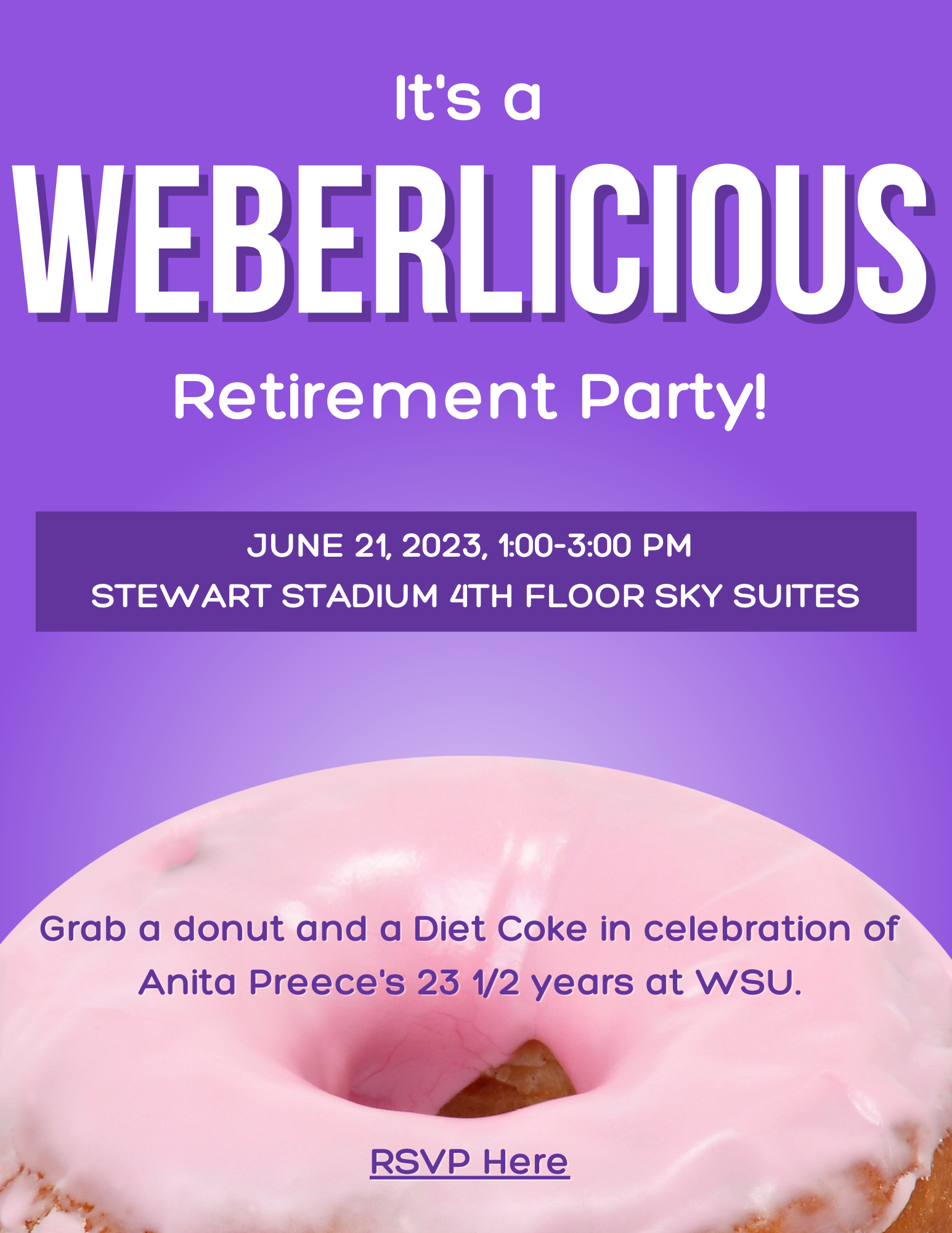Join us June 21st at 1:00 in the Stewart Stadium 4th Floor SkySuites for Anita Preece's retirement reception.