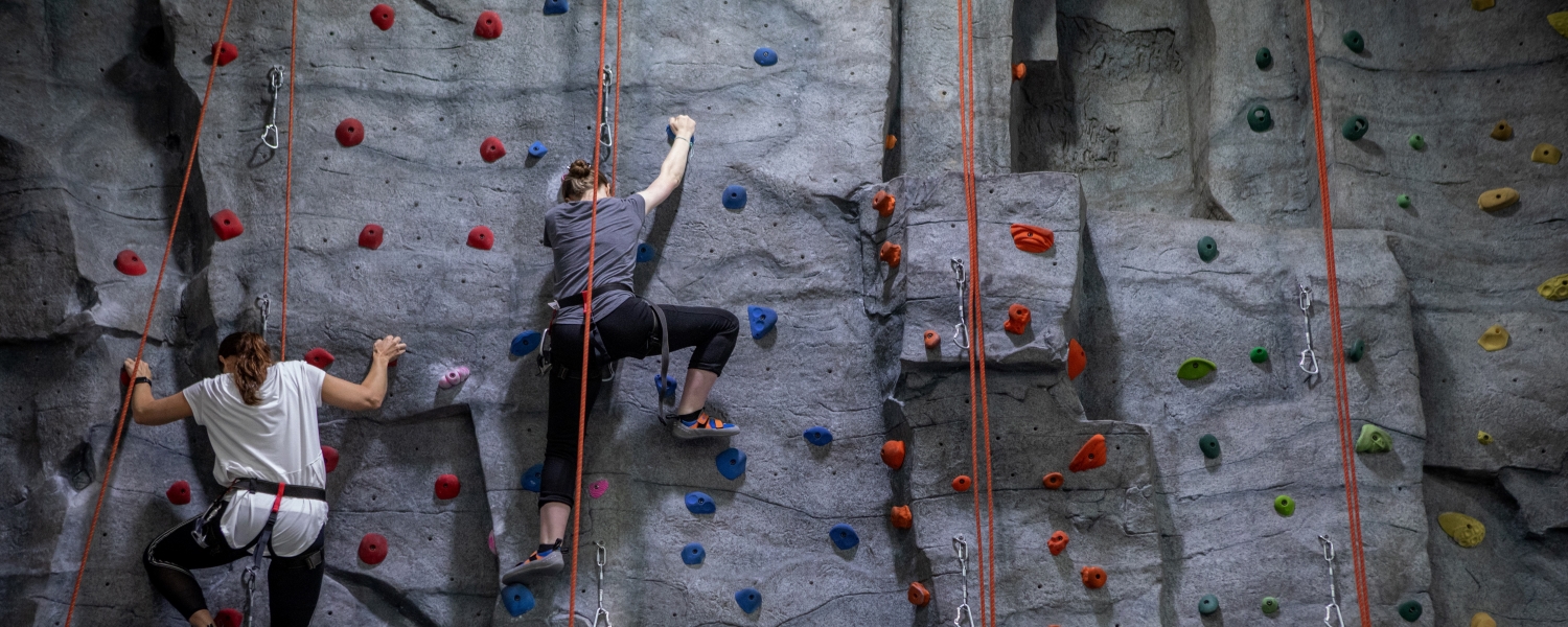 students on climbing wall