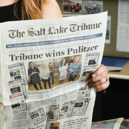 Front page of the Salt Lake Tribune newspaper announcing the publication winning the Pulitzer prize