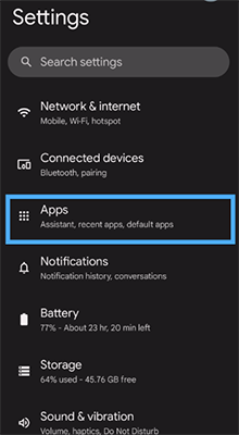 "Apps" highlighted in the settings app of an Android phone.