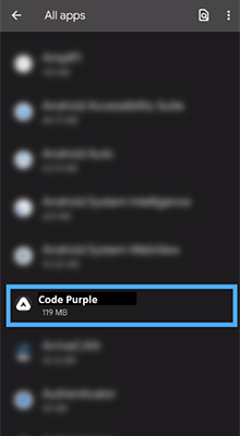The Code Purple app shown highlighted in the apps section of an Android phone.