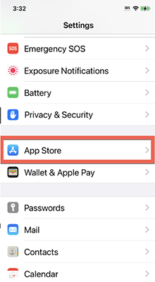 A screenshot of the settings screen on an iPhone with "App Store" highlighted