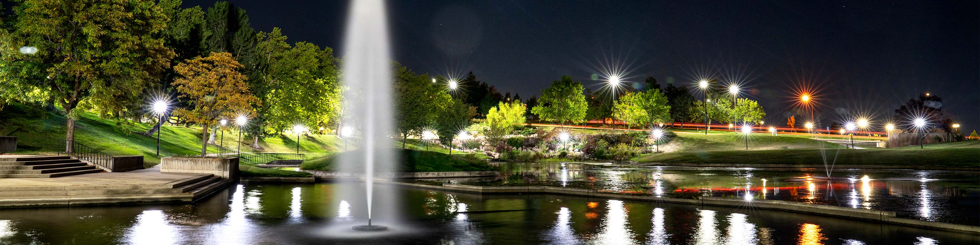 Weber State University pond with night lights