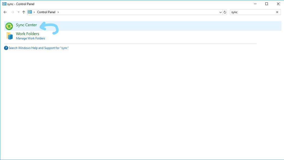 control panel sync center search