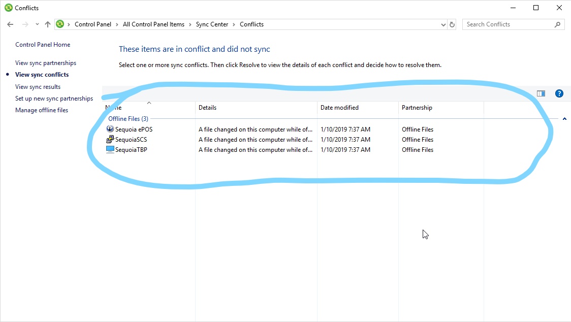 sync center conflict list