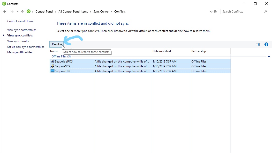resolve sync center conflicts
