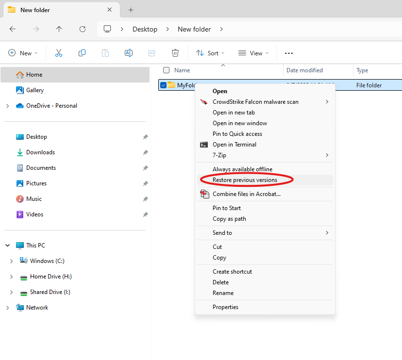Select "Previous Versions" from right click menu.
