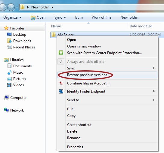 Select "Previous Versions" from right click menu.