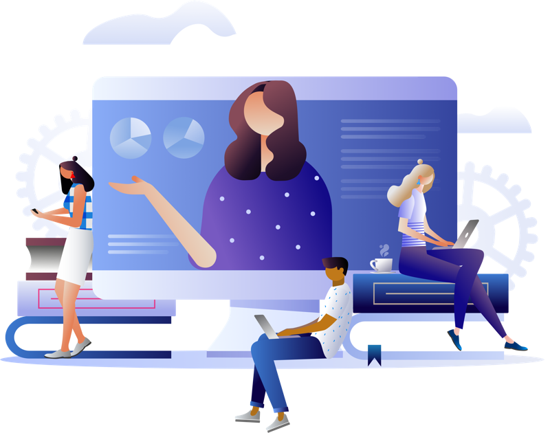 a woman displays a pie chart in her online course