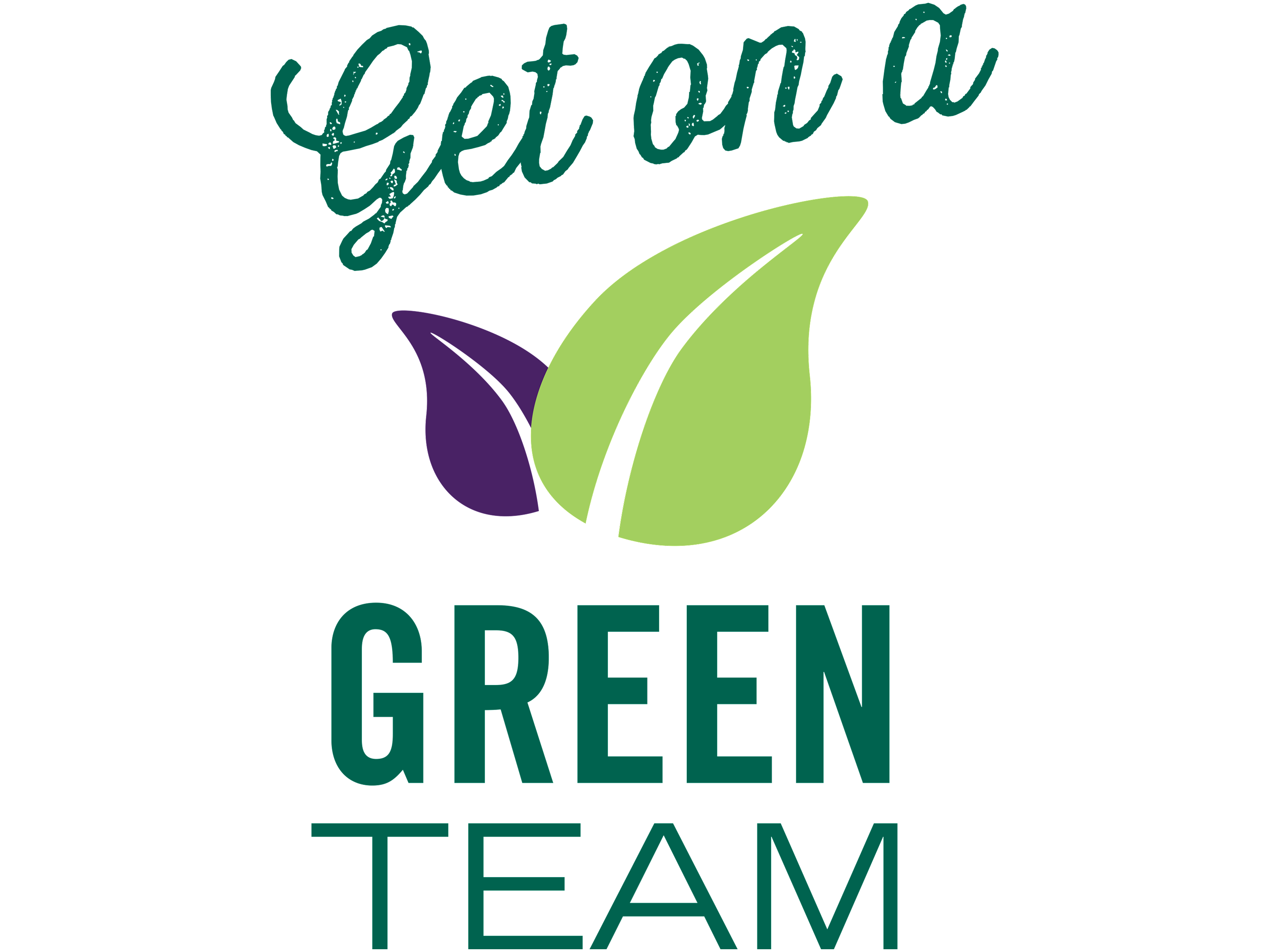 "Get on the Green Team" logo with small purple leaf half behind a large light green leaf.