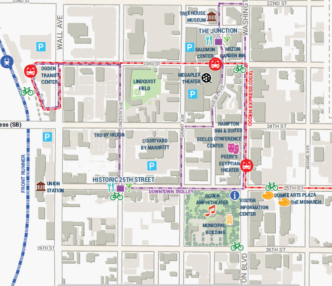 Map of Ogden with conference venue and hotels marked