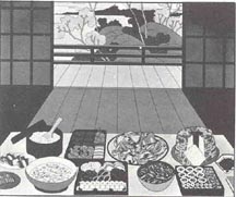 "April 26, 1942" black and white image of typical Japanese American meal set on low table.