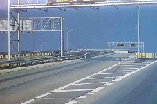 oil painting showing road signs and interstate interchange, empty of cars.