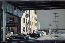 oil painting showing cars and pickup parked underneath a high overpass.