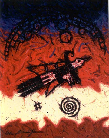 Water color painting, using dark blue, red, yellow and black, almost heiroglyphic in showing a man and various primitive symbols.