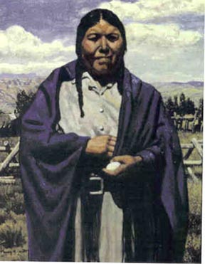 Oil painting showing an native American woman wearing a blue shawl, holding an egg in her left hand.