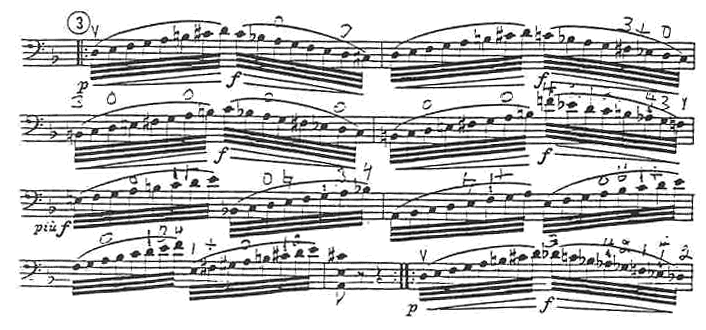 Four line of very difficult cello music consisting of constant 32nd notes. 
