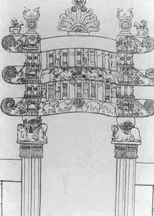 Black and white drawing of a decorative Indian gateway.