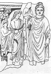 Ink drawing of Buddha and his disciples.  Drawing made from a relief stone carving.