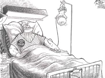 Cartoon by Mike Ritter depicting an elderly person in a hospital bed with a button pinned to his gown reading "hands off medicare."  Into his left arm feeds an I V drip, with a baby instead of a bag of medicine feeding the tube.