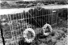 A photo of wreaths which adorn a gate at a cemetary.