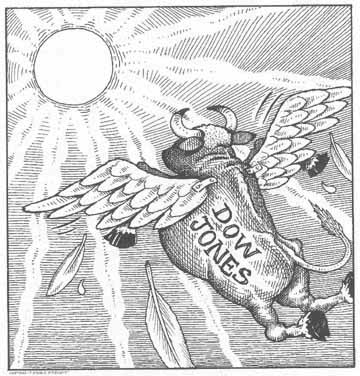cartoon by John S. Pritchett, showing the Dow Jones as a bull flying toward the sun, his wings melting and feathers flalling off.