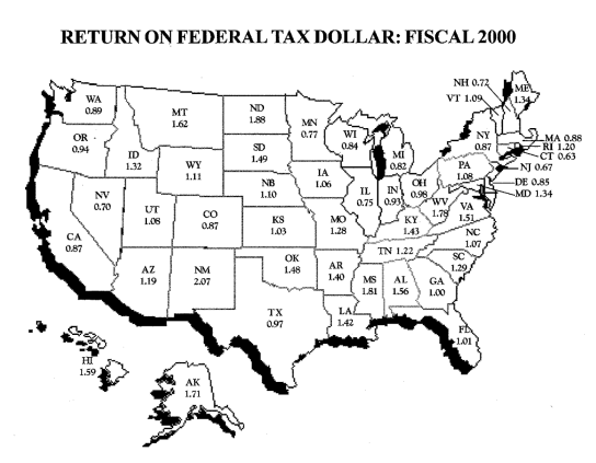 Map and figures representing the Return on Federal Tax Dollar: Fiscal 2000.