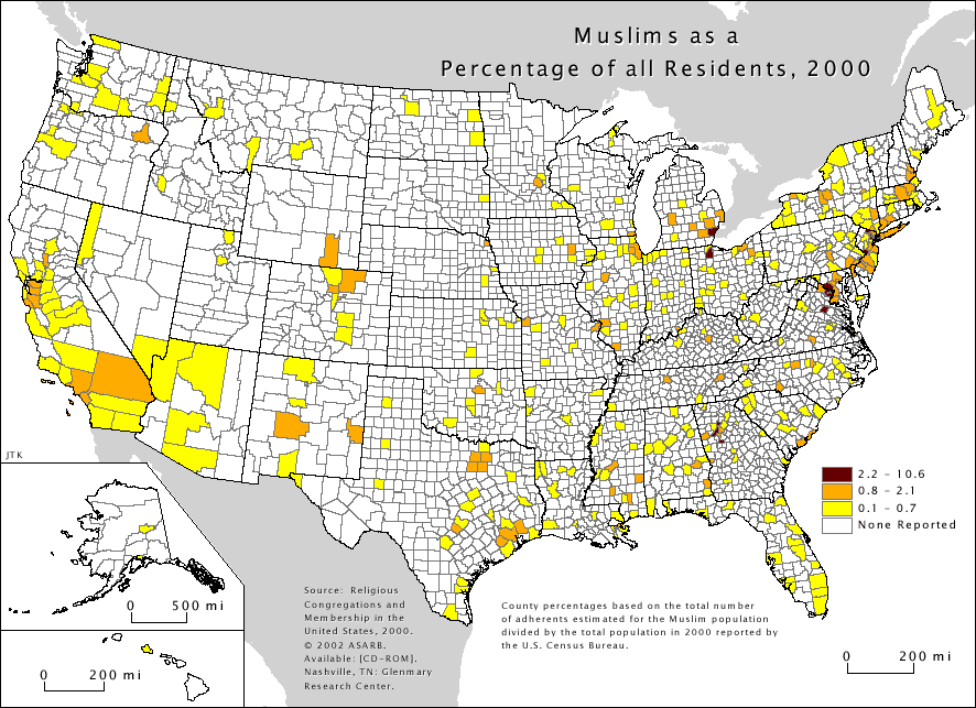 Map of Muslims as a percentage of all Residents, 2000