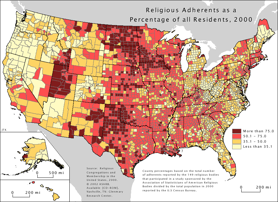 Map of Religious Adherents as a percentage of all residents, 2000